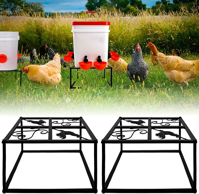 4Pcs Metal Stand for Chicken Feeder Waterer Heavy Duty Chicken Water Feeder Stand Holder with 4 Legs Iron Chicken Waterer Bucket Barrel Stand Rectangular Support Rack for Coop Poultry Indoor Outdoor