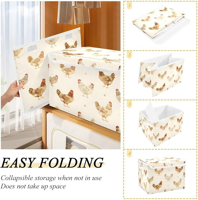 Farmhouse Chickens Fabric Storage Bin with Lid, Collapsible Basket with Handles, Shelf Cube Closet Organizer for Home and Bedroom