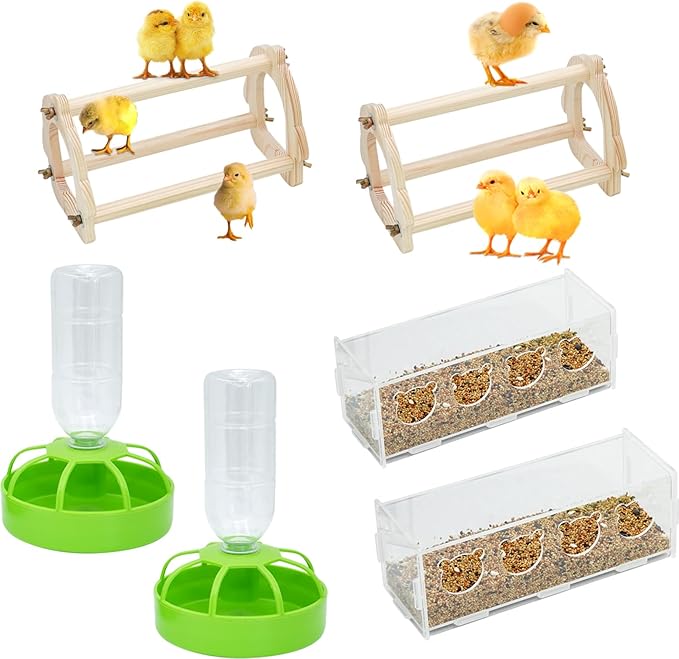 Chicken Feeder and Waterer Kit with Baby Chicken Perches Freestanding Roosting Bar Wooden Chicken Jungle Gym Bar Baby Chick Stand Training Perch Chicken Toys Chick Perch for Brooder Coop Hens