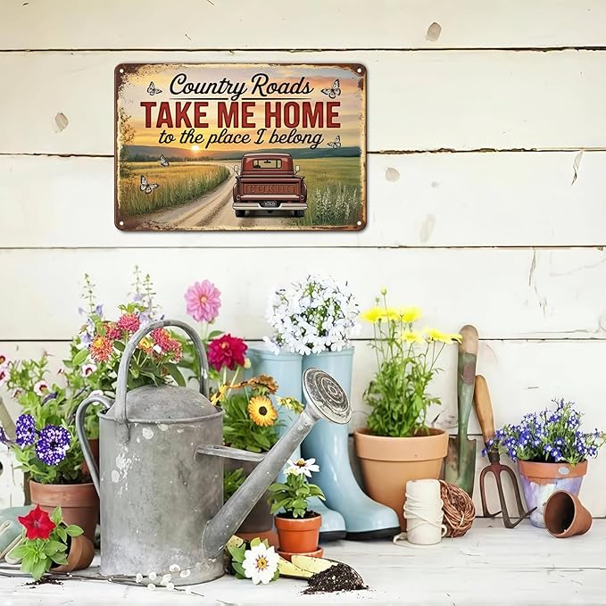 Country Roads Truck Country Farmhouse tin sign Vintage Take Me Home Metal Sign for Garden & Yard Bar Porch Garage Home Bedroom Kitchen Decor Gift 8 x 12， easy to hang