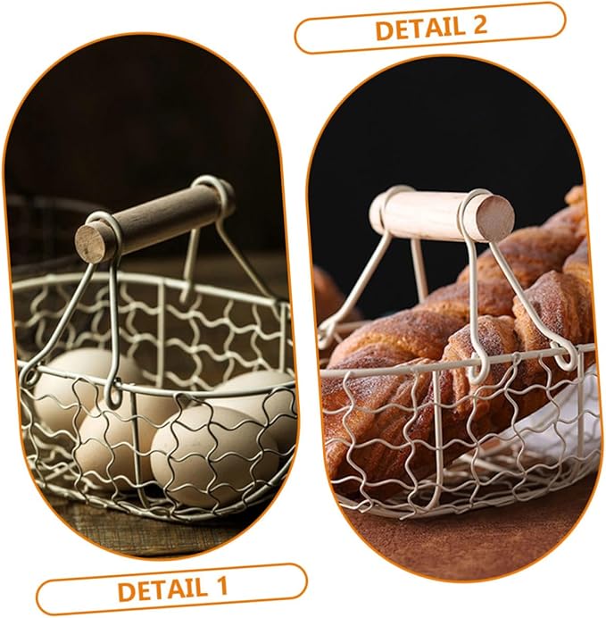Luxshiny 2pcs White Iron Wire Mesh Basket with Wooden Handle, Farmhouse Style Fruit and Egg Storage Organizer for Kitchen Counter and Tabletop