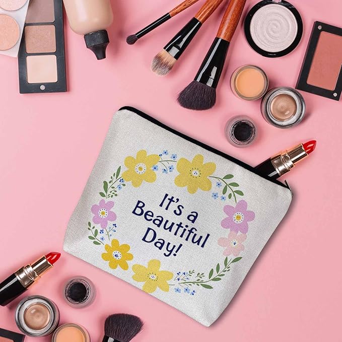Makeup Bag Funny Quote Makeup Bags For Purse Pouch, Floral Wreath Travel Toiletry Bag Cosmetic Bag Makeup Bags Flax Makeup Organizer Bag Pencil Pouch For Man Woman It's A Beautiful Day