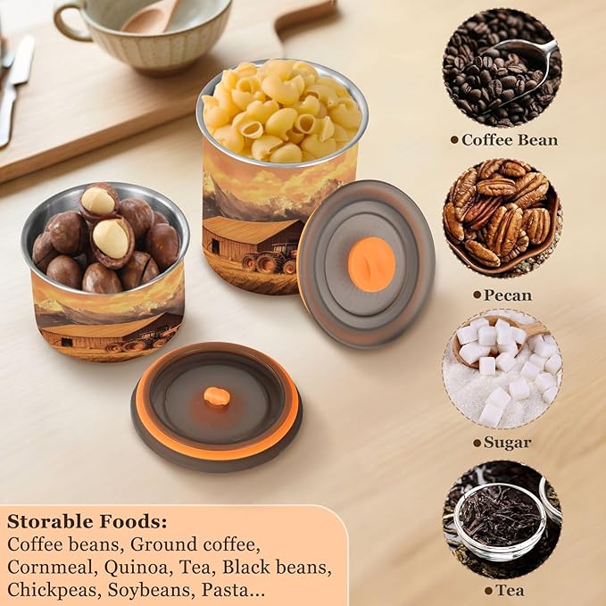 Coffee Canister Vintage Farm Pattern Airtight Stainless Steel Coffee Container, 30 OZ Food Storage Container for Coffee Beans, Ground, Sugar, Tea, Flour, Rice