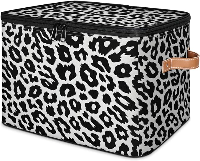 Storage Cubes with Lid Fabric Storage Bins Boxes PU Leather Handles, Leopard Textures Closet Organizer Container Foldable Washable Shelf Cloth Basket, Leopard Print