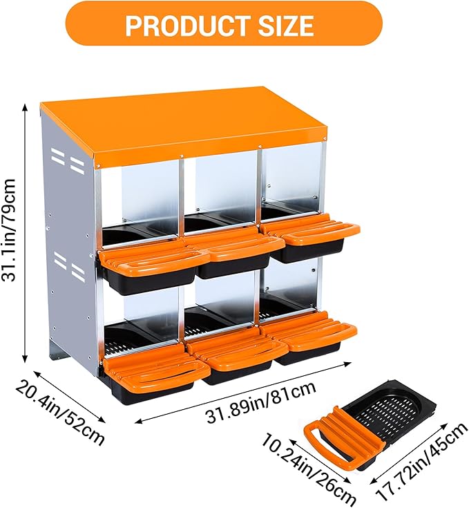 Chicken Nesting Box 6-Hole Roll Away Egg Laying Box with Lid, Galvanized Steel Rustproof Poultry Coop Box, Easy Clean, Wall Mountable No Bracket Needed for Hens, Orange