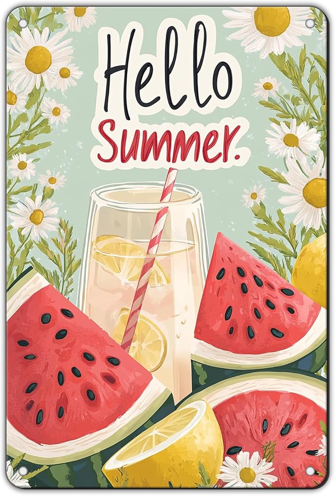 Hello Summer Vintage Tin Sign Watermelon Summer Decor Funny Wall Decor for Home Cafes Office Club 12x8 Inch
