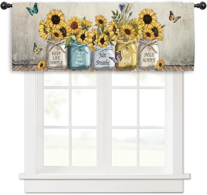 Miyotaa Rustic Sunflower Farmhouse Kitchen Curtain Valance 54W x 18H Rod Pocket Quotes Motivational Inspirational Country Vintage Window Treatment for Living Room Bedroom Bathroom