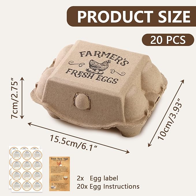 20 Pack Egg cartons 2x3 Style Half dozen egg cartons Bulk 6 Count Reusable Paper pulp egg storage tray Sturdy egg containers with instruction cards and stickers for Family Farm Market