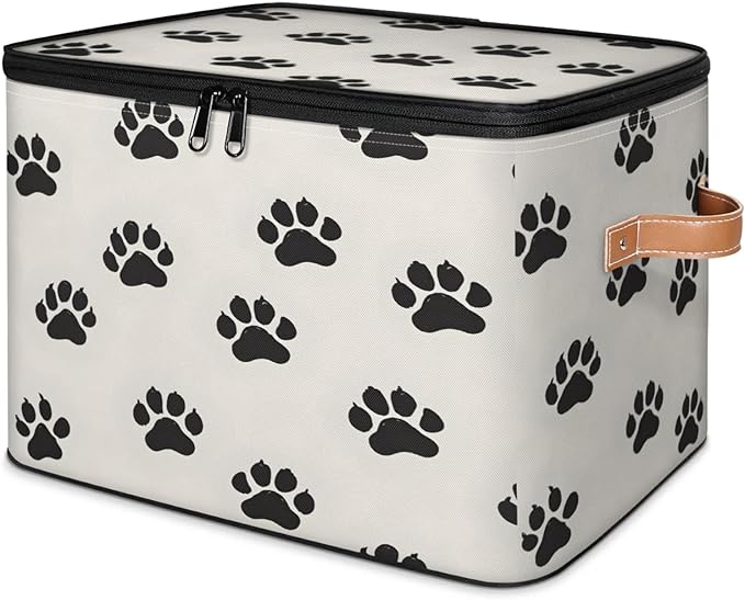 Storage Cubes with Lid Fabric Storage Bins Boxes PU Leather Handles, Dog Pet Paw Print Closet Organizer Container Foldable Washable Shelf Cloth Basket, Cat Pet Paw