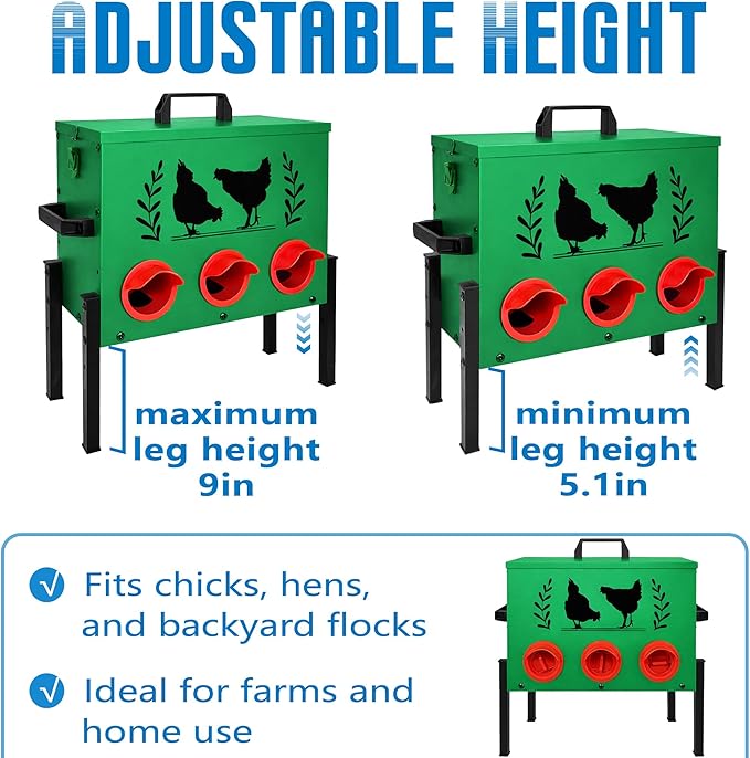 Chicken Feeders, 30 lb Capacity 6 Port Automatic Chicken Feeder, Metal Chick Feeders with Locking Lid and Legs, Chicken Feeder for Chickens, Ducks, Geese, Green