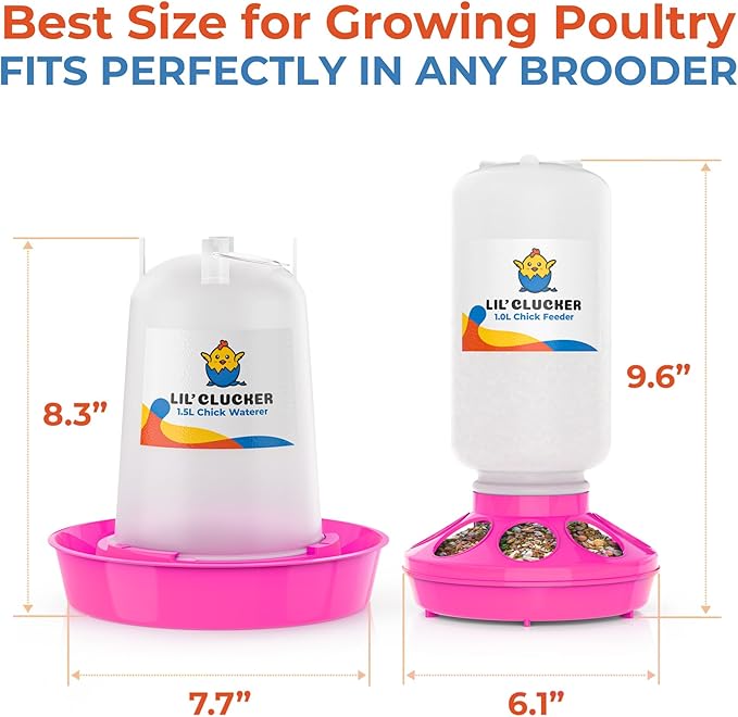 Lil'Clucker 1L Chick Feeder, 1.5L Chicken Waterer - No Leakage Chick Feeder and Waterer Kit, Durable Chicken Water Feeder, Chicken Feeder and Waterer Set, Poultry Waterer (Pink)