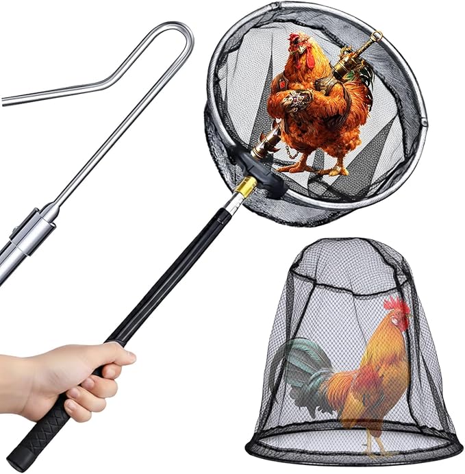 Stainless Steel Retractable Chicken Catching Net - Extendable 16" to 58.5" Poultry Net with Leg Hook for Safe Catching of Chickens, Ducks, Geese & Small Birds