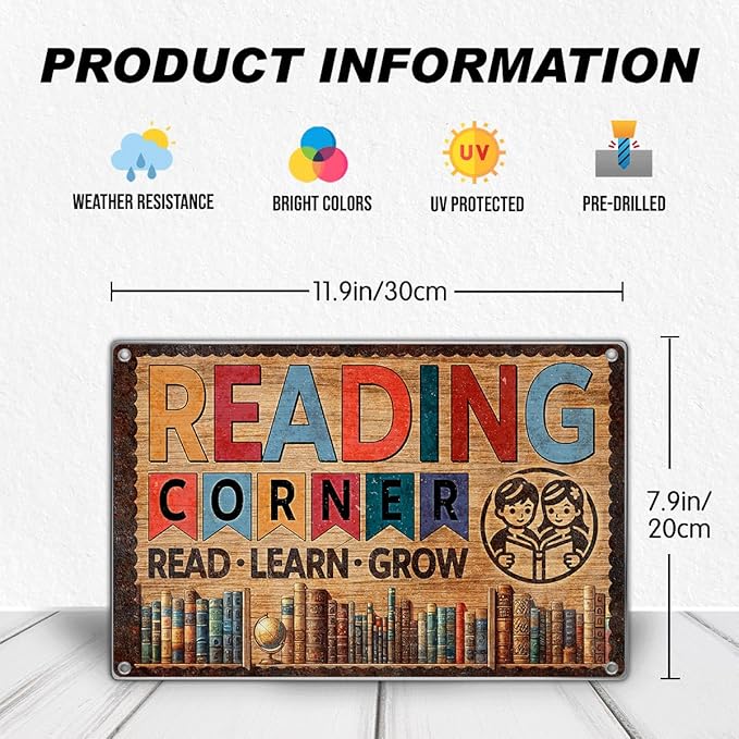 Vintage Metal Reading Corner Sign Learn Grow Book Lover Wall Art 12 x 8 Inch Educational Decor For Home Library Classroom And Kids Space Metal Kitchen