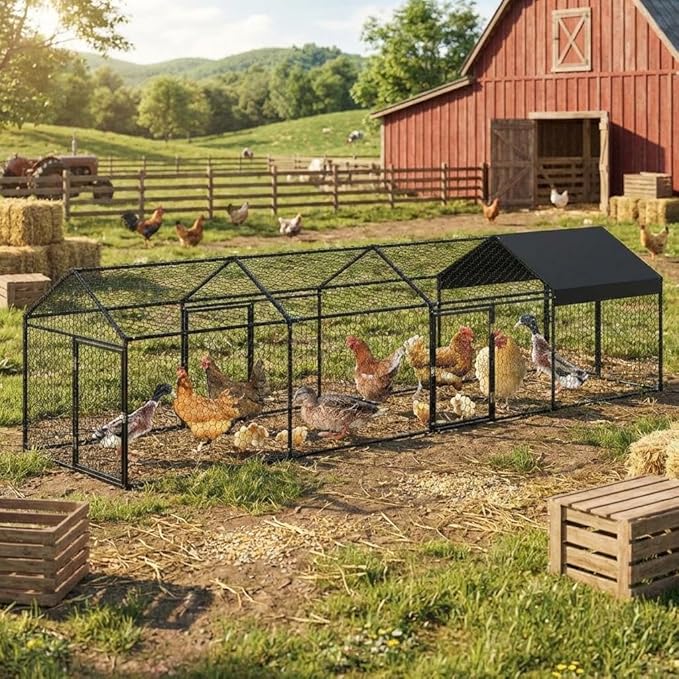 160"x 40"x 40" Large Metal Chicken Coop, Walk-in Chicken Run with Waterproof and Anti-UV Cover, Outdoor Poultry Cage with 4 Doors for Hen Rabbit Duck Goose, Black