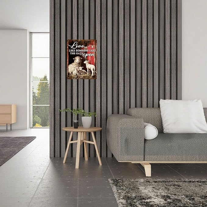 Vintage Sheep Tin Sign Live Like Someone Left The Gate Open Retro Farm Life Metal Sign Nostalgic Rustic Wall Decor Decorations for Home Outdoor Farmhouse Bedroom Cafe Kitchen 16 * 12In