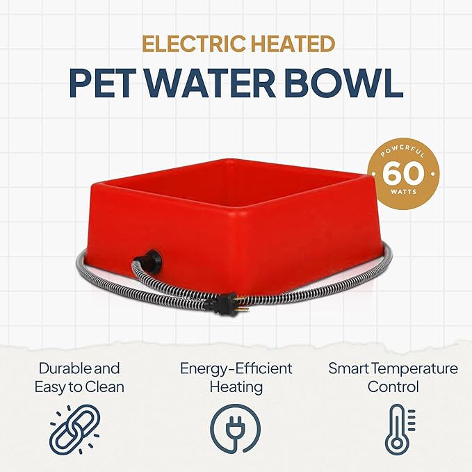 Farm Innovators 1.25 Gallon 60 Watt Electric Heated Pet Water Bowl with Thermostatic Control and Anti Chew Cord Protector, Red (2 Pack)