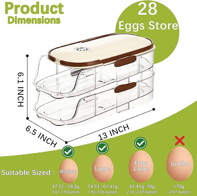 Egg Holder for Fridge with Lid and Handle，automatic Rolling Egg Dispenser for Refrigerator,Stackable egg organizer for refrigerator, Countertop, Kitchen & Outdoor Use or Pantry Storage,Timed Freshness