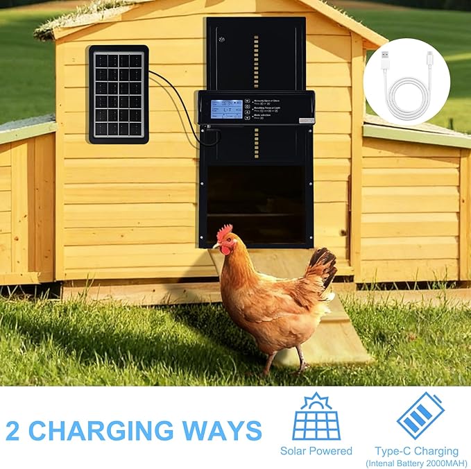 Automatic Chicken Coop Door Opener Solar Powered, Large for Run Chicken | LED Screen, Timer, Light Sensor, Manual & Remote Control, Anti-Pinch, Aluminum Alloy, Abnormally Open Close Auto Alarm