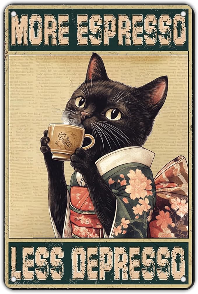 Coffee Cat Metal Signs More Espresso Less Depresso Tin Sign Kimono Cat Home Kitchen Wall Decor Bathroom Bedroom Office 12x8 Inch