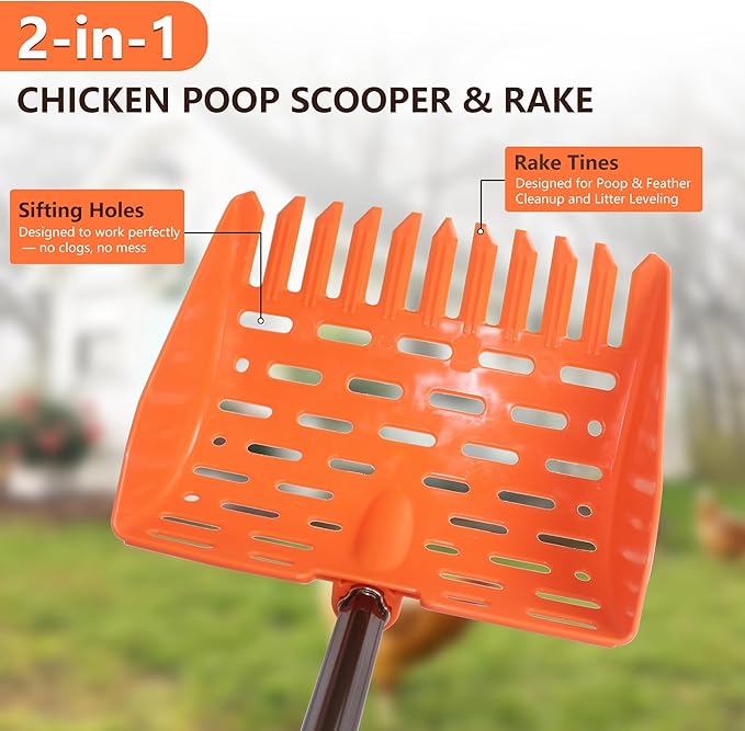 Chicken Dog Poop Scooper & Rake 2-in-1 Telescopic Chicken Litter Scoop for Chicken Coops & Small Farm Animals Sand Sifting Litter Shovel (Orange)