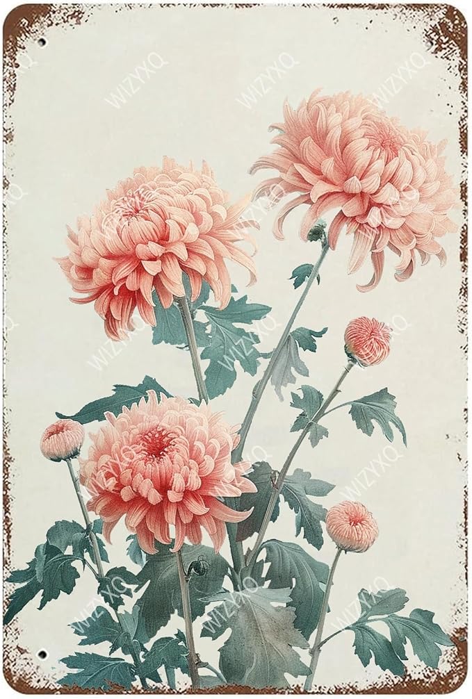 Flowers Metal Signs Chrysanthemum Sign Vintage Tin Sign Retro Wall Art Decor for Living Room Bedroom Garden Yard Shop Bar 8×12 Inches