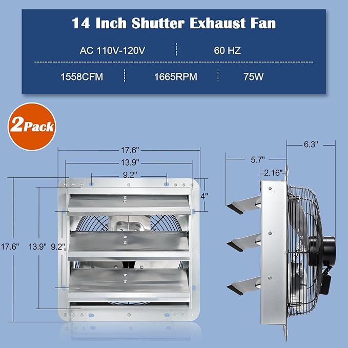 Hiorucet 14 Inch Shutter Exhaust Fan Wall Mounted for Garage, Greenhouse, Shop, Attics, Chicken Coop, Shed, Basement, 1558CFM 1665RPM Low Noise Louvered Exhaust Fan with 1.8 Meters Power Cord 2 Pack.
