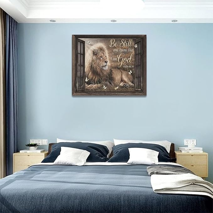 banonaty Lion Wall Art Rustic Farmhoues Christian Decor Of Judah Pictures Canvas Prints Artwork Inspirational Psalm Scripture Gifts Home Decorations For Bathroom Kitchen Office Framed 20''x16''