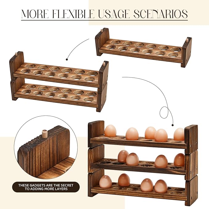 Wenqik Wooden Egg Holder 3 Layer Egg Rack for 36 Eggs Stackable Egg Storage for Countertop Egg Tray Egg Organizer Rustic Kitchen Decoration Uneven Color Wooden Crafts, Need to Assemble