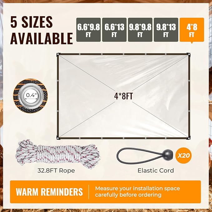 4x8 Ft Chicken Coop Cover for Winter - Waterproof Chicken Coop Tarp with Elastic Cords & Rope, Durable Protection for Large Chicken Runs