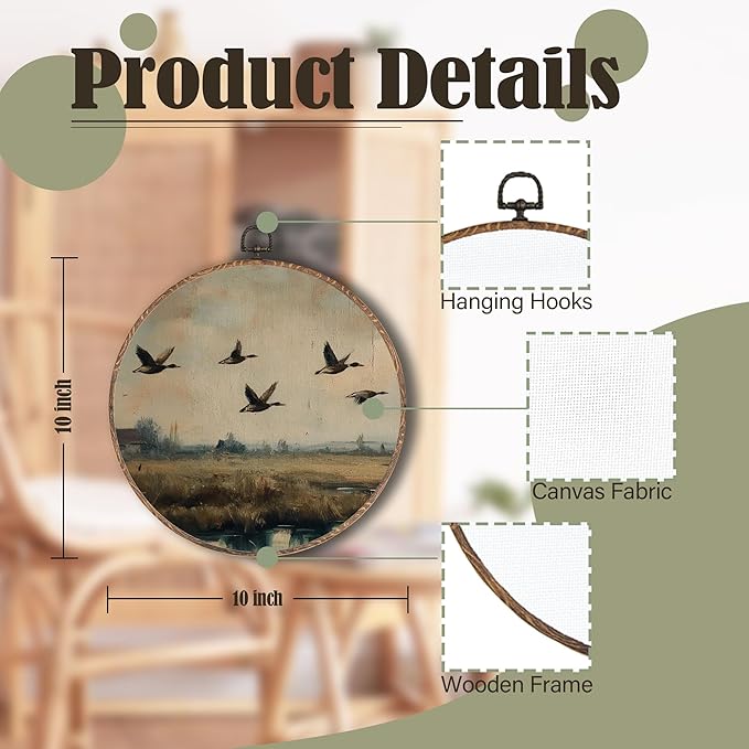 Yorhifa Vintage Flying Duck Framed Wall Art, Rustic Mallard Duck Round Wall Art, Farmhouse Farm Animal Round Walls Decor, Country Waterfowl Circle Canvas Artwork Hanging Decor, 10x10in