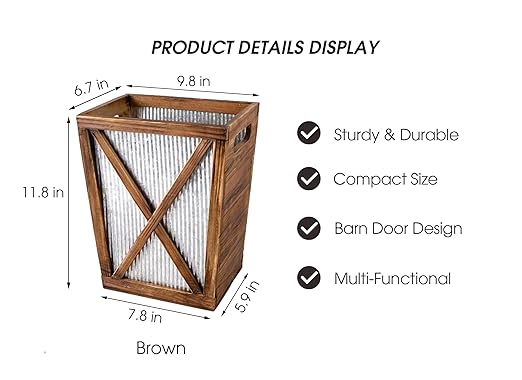 Small Wood Trash Can Wastebasket, Decorative Barn Door Garbage Can Waste Basket, Rustic Distressed Rectangular Trash Bin, Farmhouse Wooden Storage Basket Waste Paper Bin (Brown)