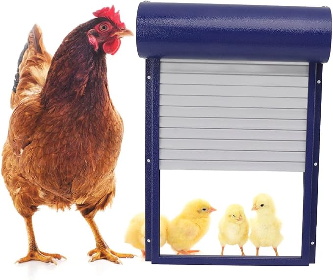 Automatic Solar Powered Chicken Coop Door with Light Sensing and Timer, Metal Iron Auto Chicken House Protection Door for Duck Goose, Remote Control, with LED Clear Dosplay (Blue)