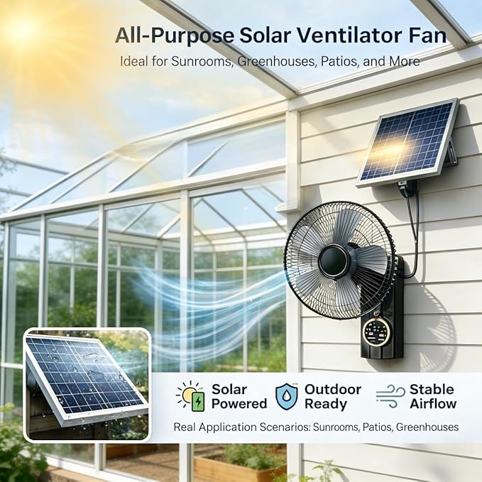 16" Wall Mounted Fan Waterproof, Solar Fans for Outside With Remote Control, Battery Powered Solar Greenhouse Fan, Heavy Duty Outdoor Fans for Patios 3 Speeds, 90° Tilt