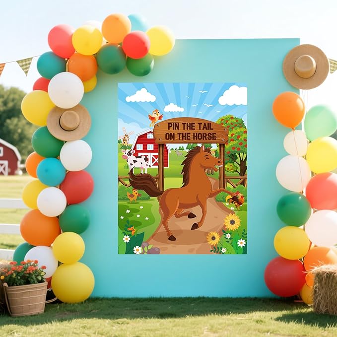 Faccito Farm Animal Games Pin The Tail on The Animals Barn Birthday Party Decorations Farm Poster Games with 24 Stickers Eye Mask for Family Activities Birthday Party Decor Supplies(Horse)