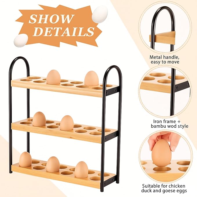 Wooden Egg Holder Countertop 3-layer Hold 36 Eggs Fresh Storage, for Kitchen Organization and Pantry Storage Home Collecting(Bamboo Wood)