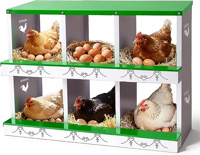 6 Hole Chicken Nesting Box for Laying Hens - Automatic Rollout Egg Collection, Heavy Duty Metal Nesting Boxes with Swing Perch for Chicken Coops, Secure & Easy Clean Poultry Nest Box