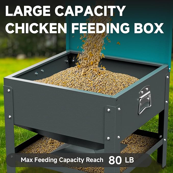Automatic Chicken and Duck Feeder, 80 LBS Capacity Metal Chicken Feeder, Weatherproof Outdoor Gravity Feeding Barrel, No-Waste Feeder for Backyard Flock (Green)