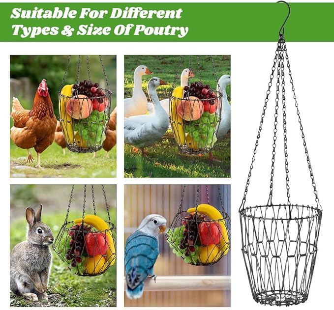 Hanging Chicken Feeder, 9.2 inches Large Poultry Vegetable Fruits Feeder Basket with 4Pcs Hanging Stainless Chain, Veggie Treat Ball for Chicken,Hens,Duck,Rabbit Coop(Size:2pcs)