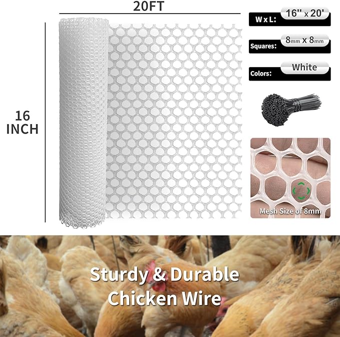 Plastic Wire Mesh Fence 16in x 20Ft Plastic Chicken Wire Mesh for Poultry, Dogs, Rabbit, Snake Barrier & Gardening Versatile Plastic Fencing (16in x 20Ft, White)