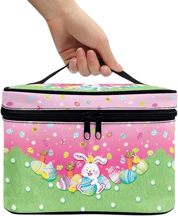 Rabbit Easter Egg Floral Grass Print Travel Makeup Bags for Women Portable Tote Cosmetic Case with Carry Handle Toiletry Accessories Storage Organizer Bags