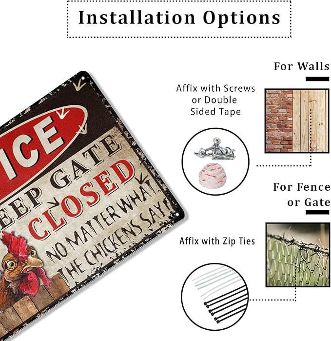 Funny Chicken Signs for Coop - Outdoor 8"x12", Keep Gate Closed - Metal Tin Signs - Retro Farmhouse Decorations - Chicken Coop Accessories