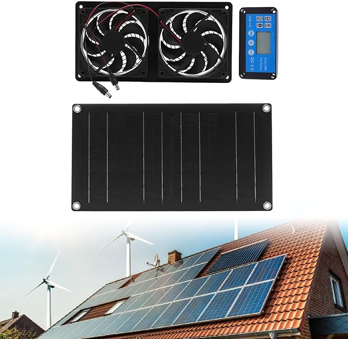 Pomya Solar Exhaust Fan, 20W Solar Panel + 6 Inch Double Ventilation Vent Fan, with Timing Controller, HighSpeed Solar Powered Fan for Shed, Chicken Coop, Greenhouse, Dog House