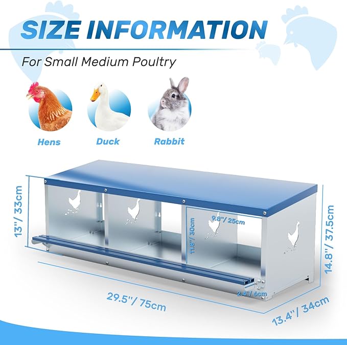 Chicken Nesting Box for Laying Eggs 3 Holes Metal Nest Box for Chicken Hens Ducks Poultry Protect Eggs Chicken Coop Easy Egg Collection Wall Mount Nest Box for Chicken Coop