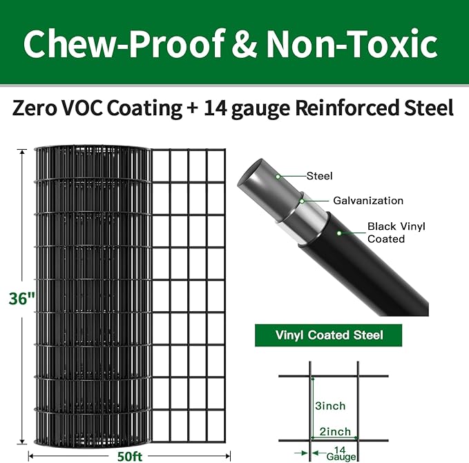 AMAGABELI GARDEN & HOME Black PVC Coated Welded Wire Fence 2inchx4inch 36inchx50ft 14Gauge Garden Border Fencing Roll Vinyl Coating Metal Wire Mesh Garden Bed Plant Supports Poultry Netting Cage