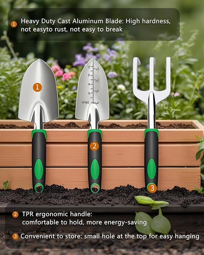 Garden Tools, Heavy Duty Cast-Aluminum Garden Tool Set with Hand Trowel, Transplant Trowel, Cultivator Rake, Soft Rubber Ergonomic Non-Slip Handle, Gardening for Home Gardeners (Basic Set (3 PCS))
