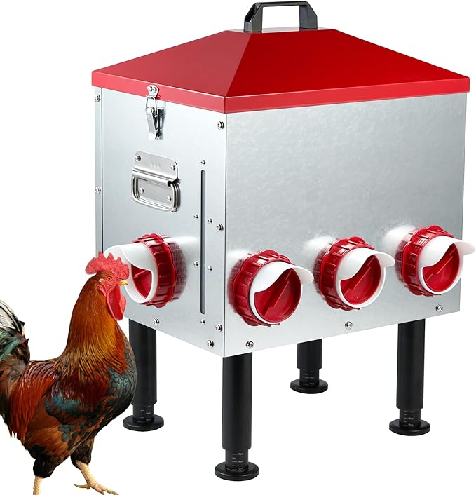 Large Automatic Chicken Feeder, 55LBS Chicken Feed Dispenser with Lid, 8 Feeding Ports, Adjustable Legs, Rodent Free, Waterproof Outdoor Metal Poultry Feeder