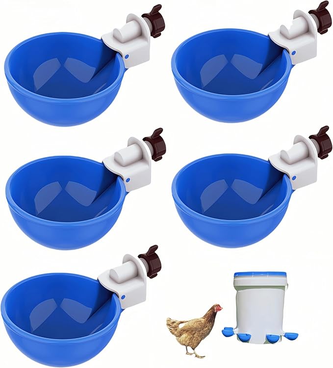 Chicken Waterer Cups 5 Packs, Automatic Waterer Feeder with Anti-Leak System for Chicken, Duck, Goose, Bunny (Blue)