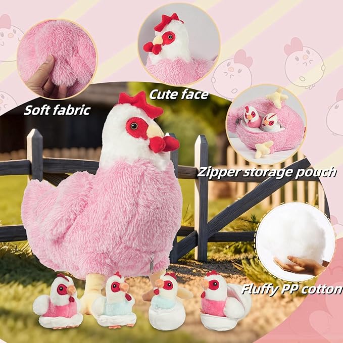 9 in 1 Chicken Stuffed Animal Set, Stuffed Chicken Plush Toy Zippered Egg Laying Hen with Baby Chicks Plush Chickens, Eggs and Coop Chicken Toys for Kids Girls Boys Birthday Easter Stuffers Gifts