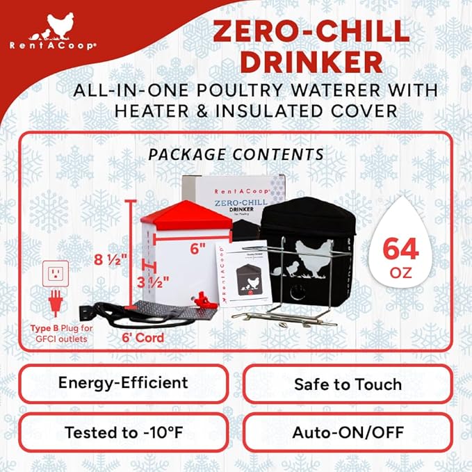 RentACoop Zero Chill Heated Drinker 64oz All-in-One High-Performance Poultry Waterer with Heater & Insulated Cover, Cold-Weather Tested to -10°F, Cone Lid + Horizontal Nipple for Chickens & Sm Flocks