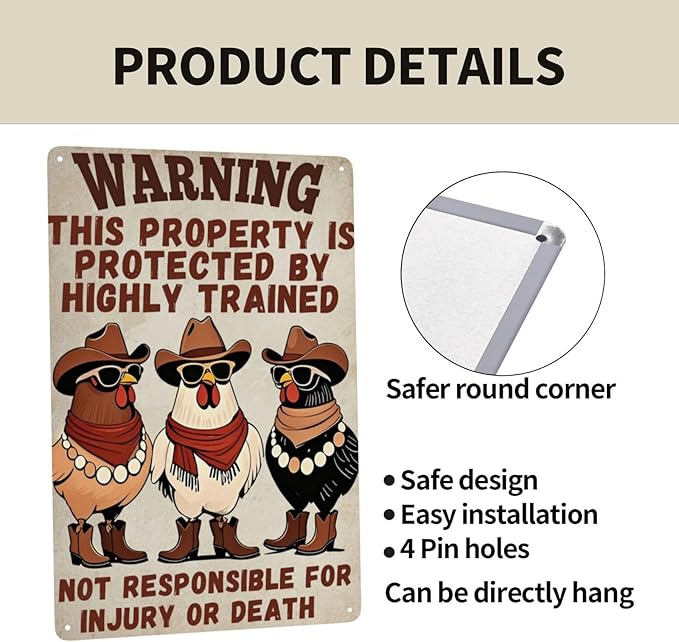 Funny Chicken Coop Sign "Warning" Metal Chicken Signs for Coop Funny Outdoor Farmhouse Kitchen Garden Decor 8 X 12 Inch Chicken Gifts